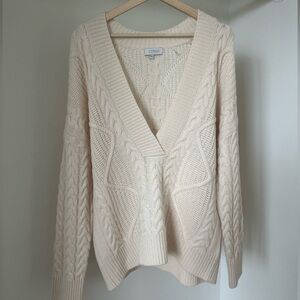 Kinross V-Neck Cable Knit Cream Wool Cashmere Sweater Size Medium